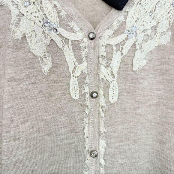 Miss Me Tan Gray Ombré V Neck Lace Trim Rhinestone Jersey Stretch Cardigan NEW - Picture 6 of 16